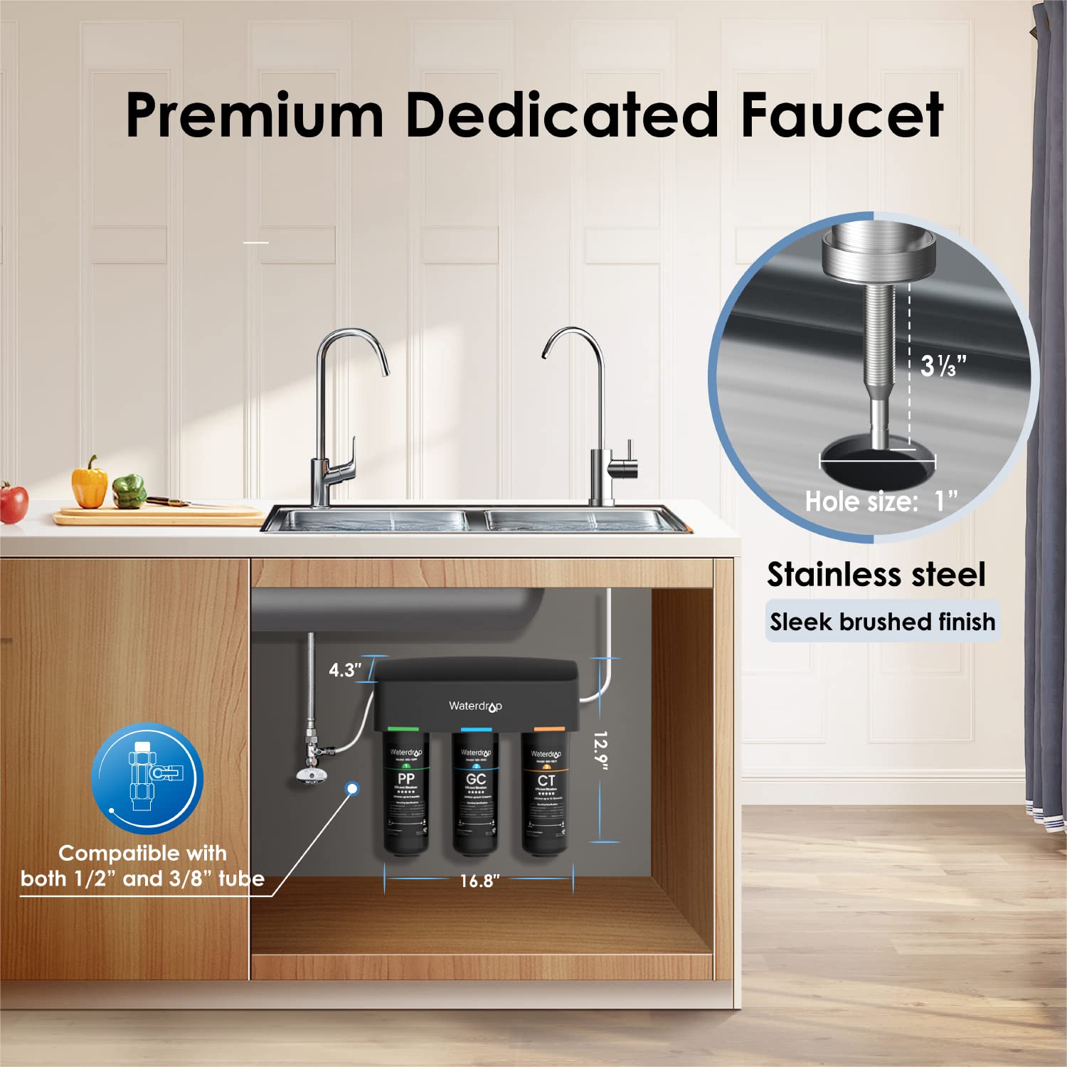 3-stage Under Counter Water Filter System with Dedicated Faucet Waterdrop TSB