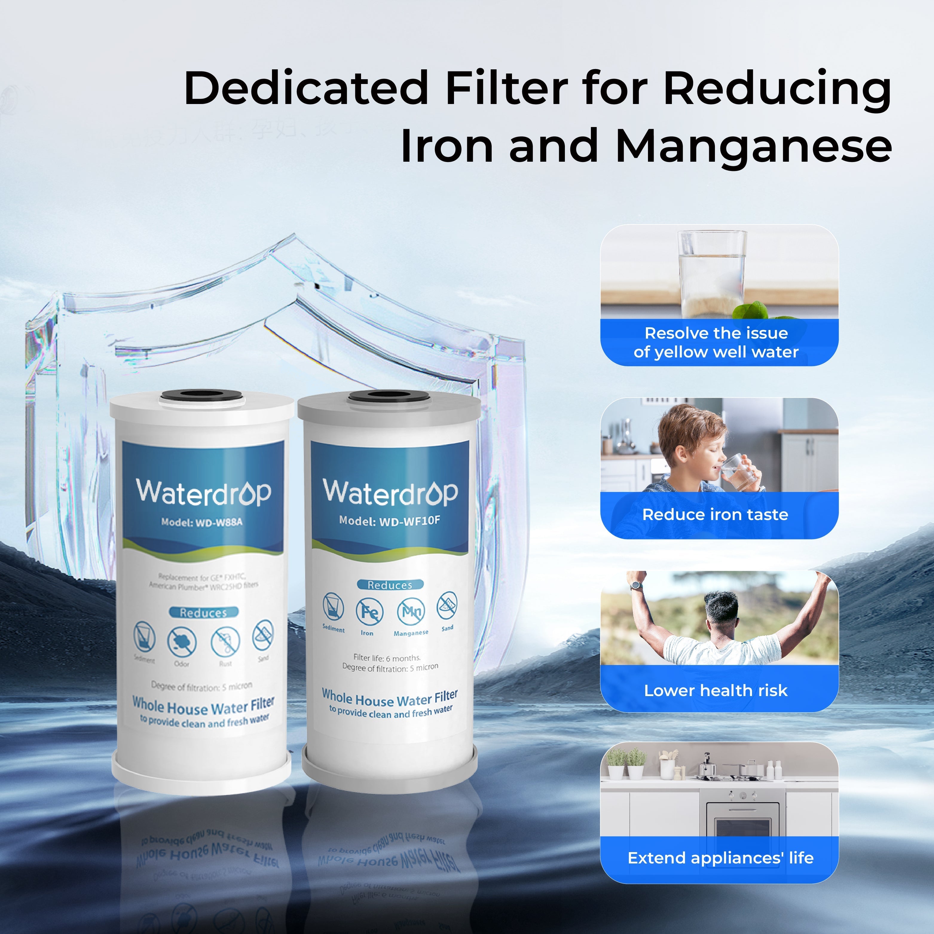 Waterdrop 2-Stage Whole House Water Filter System Reduce Iron&Manganese